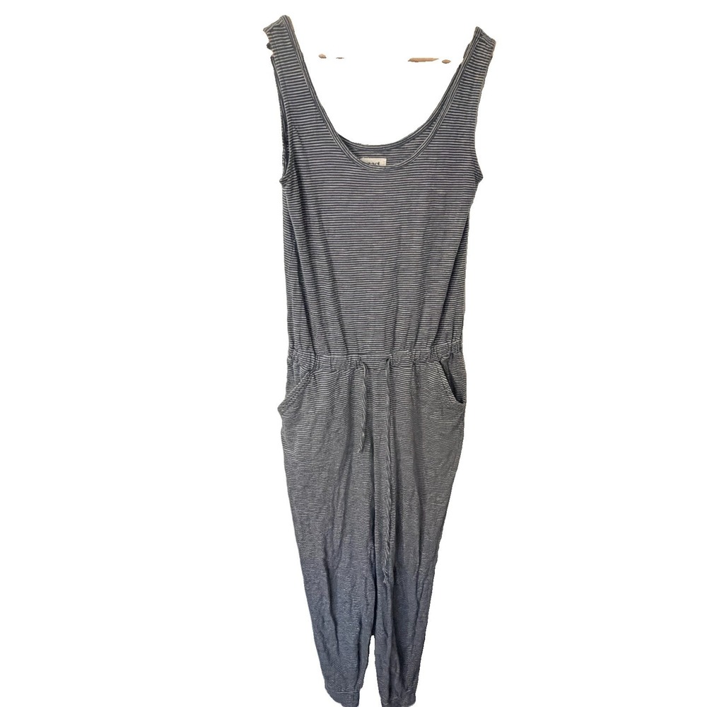 Pact Organic Cotton All Day Easy Jumpsuit Sleeveless Striped Blue Small Pockets